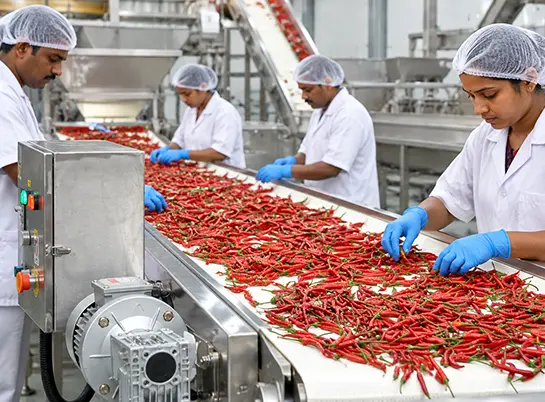 Chilli drying, powder and flakes processing line